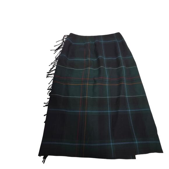 Talbots A-line Plaid Tartan Worsted Wool Wrap Skirt with Fringe Green Women's  8 - Picture 2 of 4